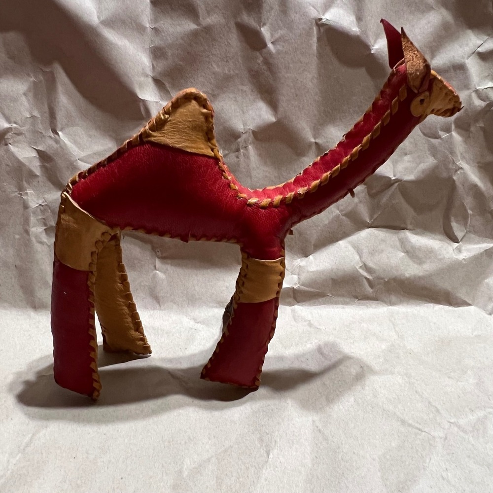 Vintage Handmade Camel Figurine Red Tan Hand Stitched Patchwork Leather Folk Art